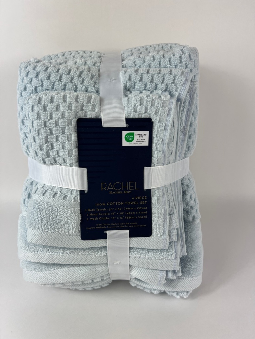 Rachel Roy Bath Towel Set Light Blue Soft 100% Cotton Textured Set of 6 NEW
